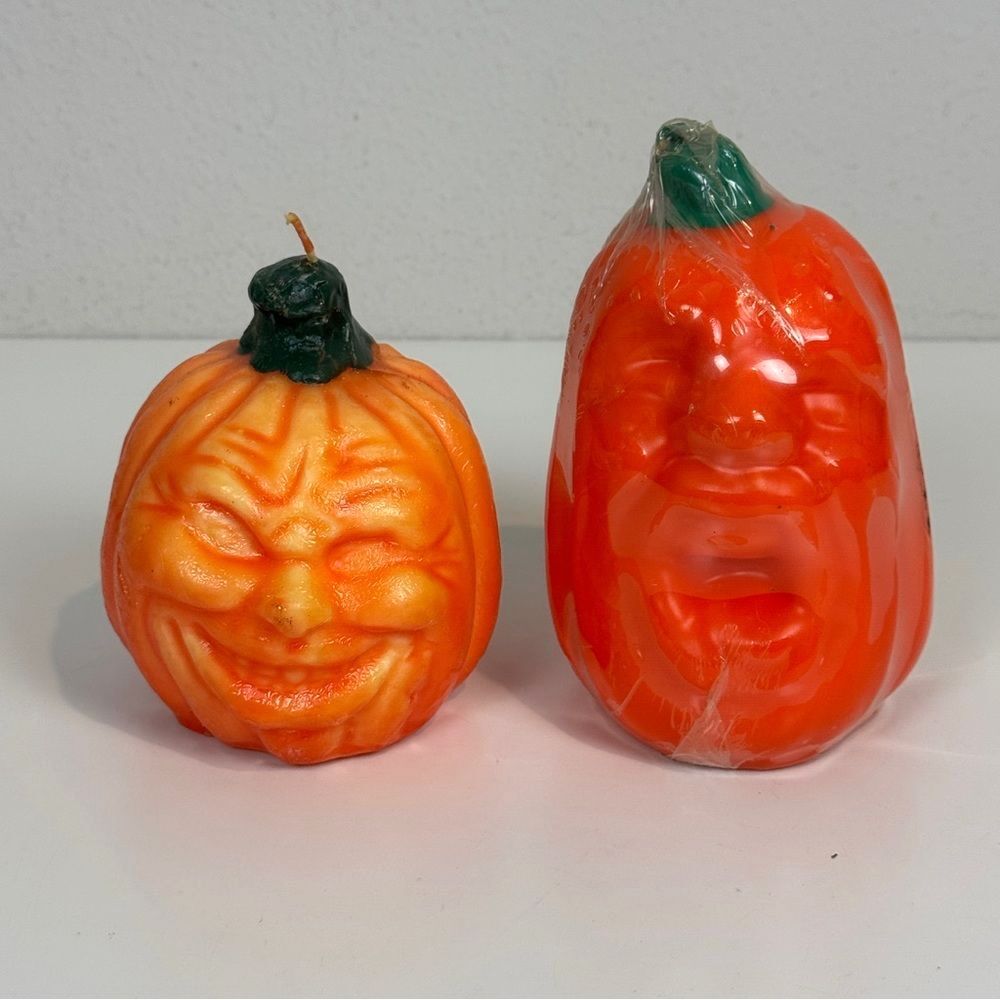 2 Vintage Anthropomorphic Pumpkin Face Candles Halloween NIP